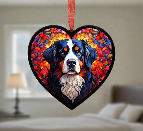 Bernese Mountain Dog Stained Glass Effect Heart Suncatcher
